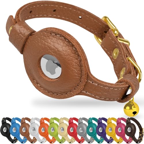 OOPSDOGGY Leather AirTag Cat Collar with Bell - Non Breakaway Kitten Collar with Apple Air Tag Holder - Lightweight GPS Pet Collars for Girl Boy Cats, Small Dogs, Puppies (Brown) - color: Brown