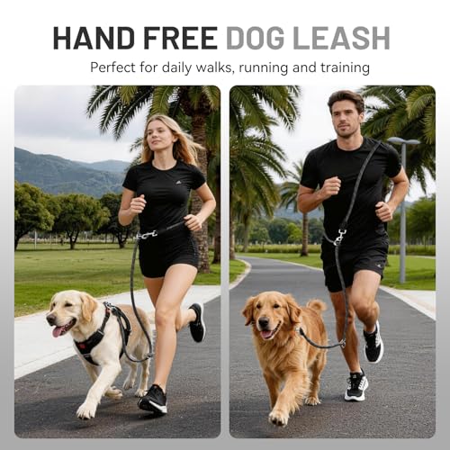 Hands-Free Dog Leash, 6.5ft Heavy Duty Reflective Nylon Leash with Dual Metal Hooks, Adjustable Crossbody & Waist Use for Walking, Jogging and Heel Training (Grey)