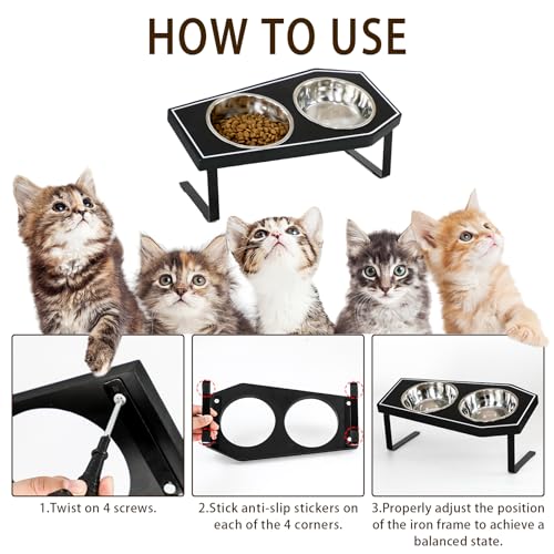 Cat Food Bowls Elevated, Gothic Cat Bowls, Raised Cat Bowls for Indoor Cats with Non-Slip Stand & Wood Board, Stainless Steel and Whisker Friendly Food Bowls - size: Cat Bowls x2