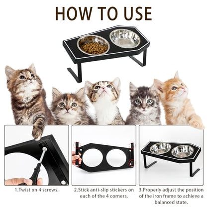 Cat Food Bowls Elevated, Gothic Cat Bowls, Raised Cat Bowls for Indoor Cats with Non-Slip Stand & Wood Board, Stainless Steel and Whisker Friendly Food Bowls - size: Cat Bowls x2