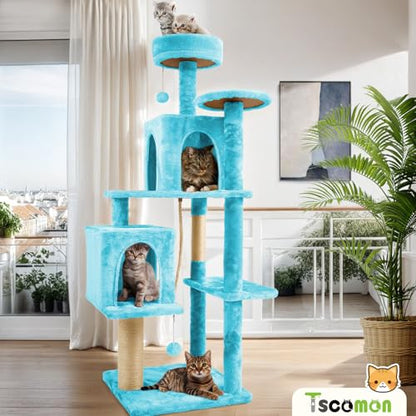 58.5inch Large Cat Tree Tower Condo for Indoor Cats, Soft Plush Multi-Level Climbing Tree Cat House, Scratching Post, More Entrance/Exit, Sisal Rope, Peacock Blue - color: Peacock blue