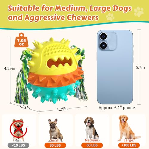 Dog Chew Toys Floating 4" Squeaky Ball for Aggressive Chewers Toothbrush Teething Cleaning Toys Outdoor Swimming Interactive Tough Toys with Treat Dispenser Ball for Medium and Large Dogs - color: Yellow & Blue