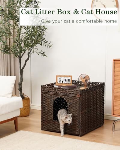 SETVSON Cat Litter Box Enclosure Furniture, Large Hidden Litter Box Furniture, Handwoven Rattan Cat House Cabinet, One Mat, Two S-Shaped Hooks, Living Room, Apartment 21.6 X 26 X 21.6 Inches, Brown - color: Brown, size: XL