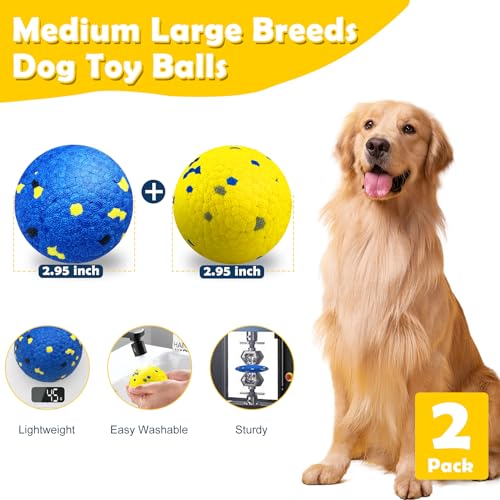 2 Pack Dog Balls Indestructible Tennis for Dogs Durable Bouncy Dog Toy for Aggressive Chewers Interactive Dog Toys for Water Toy Fetch Balls (Yellow,Blue) - color: Yellow,Blue
