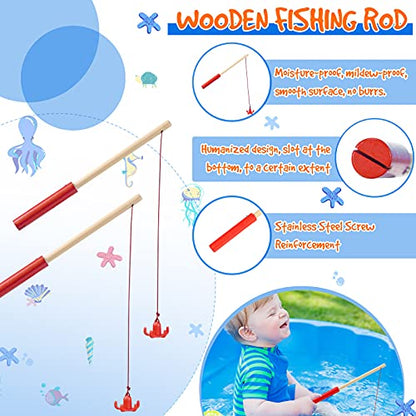 4 Pieces Magnetic Fishing Poles Wooden Magnet Fishing Rods Magnetic Fishing Games for Wooden Magnetic Fishing Games for Kindergarten Preschool Boys Girls