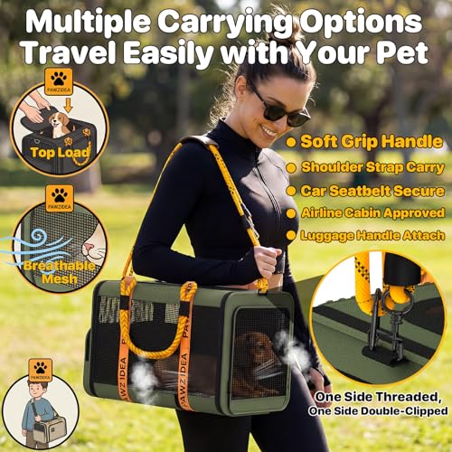PAWZIDEA Expandable Pet Carrier with Wheels, 18"x11"x11" TSA Airline Approved Cat Carrier for 2 Cats Under Seat, Collapsible Soft-Sided Small Dog Rolling Travel Bag with Telescopic Handle, Up to 18lbs - color: Dark Green-Wheels
