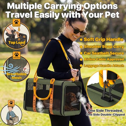 PAWZIDEA Expandable Pet Carrier with Wheels, 18"x11"x11" TSA Airline Approved Cat Carrier for 2 Cats Under Seat, Collapsible Soft-Sided Small Dog Rolling Travel Bag with Telescopic Handle, Up to 18lbs - color: Dark Green-Wheels