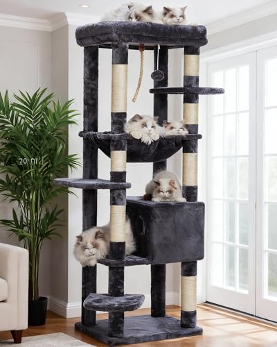 Heybly Cat Tree for Large Cats 20lbs Heavy Duty, 60 inches XXL Cat Tower for Indoor Cats, Multi-Level Furniture Condo with Big Padded Plush Perch, Cozy Basket, Smoky Gray HCT050G - color: Smoky Gray, size: 60 inch