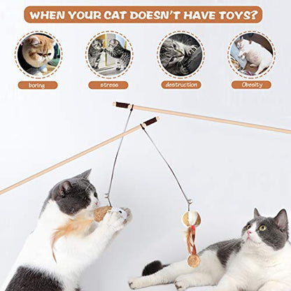 3-Piece Natural Wooden Cat Teaser Wand Toy Kit with 5 Silvervine Sticks and Elastic String Cat Pole Toy with Bell and Feather - color: Brown-3 Pcs linen style