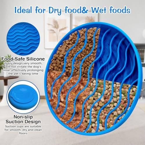 Fhiny Slow Feeder Dog Bowl Non-Slip Silicone - Blue Pet Food Dish for Fast Eaters, Dishwasher Safe - color: Blue