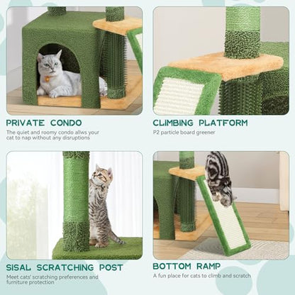 YITAHOME 37in Tall Cactus Cat Tree Tower: Cute Kitten Climbing Tower with Self-Grooming Brush, for Indoor Cats with Kitty Condo Plush Platform Hammock Sisal Scratching Posts Dangling Ball - style: Cactus-37in