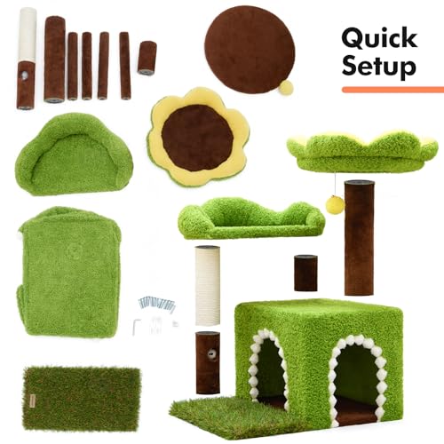 WOOCHPET Flower Cat Tree with Cat Condo for Indoor Cats, 29" Cat Tower with Sisal Scratching Post and Top Perch, 3-in-1 Multi-Level Cat Tower for Small Cats and Kittens