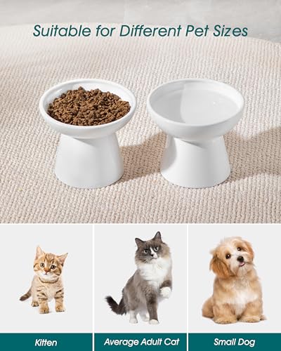 vancasso Elevated Cat Bowls 2-Pack, Ceramic Raised Cat Food and Water Dishes with 5.1" Height & 6.2" Wide Opening - Anti Vomit, Whisker Fatigue Relief for Senior Cats, and Small Dogs (White) - color: White