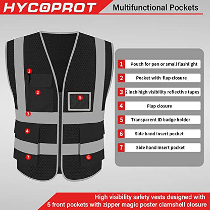 HYCOPROT High Visibility Mesh Safety Reflective Vest with Pockets and Zipper, Meets ANSI/ISEA Standards - color: Black, size: 3X-Large