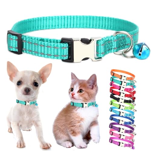 Teal Cat Collar with Bell, Reflective Nylon X-Small Puppy Collars Soft Adjustable Buckle for XXS XSmall Small Puppy Female Tiny Pets Dogs Boy Girl Kitten Yorkie Chihuahua XS - color: Teal
