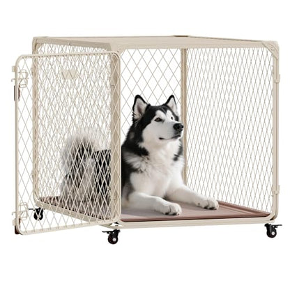 42 Inch Dog Crate with Lockable Wheel, Diamond Mesh Metal Dog Kennel Cage with Double Secure Latch & Leak-Proof Tray, Escape-Proof Dog Crates for Large Dogs Breeds, Dogs up to 200 lbs - size: 43.2"L x 29.1"W x 29.4"H