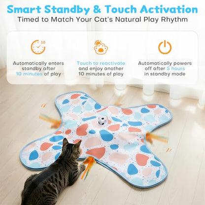 Interactive Cat Toys, Hide and Seek Cat Toy, 2 in 1 Automatic Moving Concealed Feathers for Indoor Cats, Non-Slip Suction, Touch Activated, USB Rechargeable, Blue - color: Blue