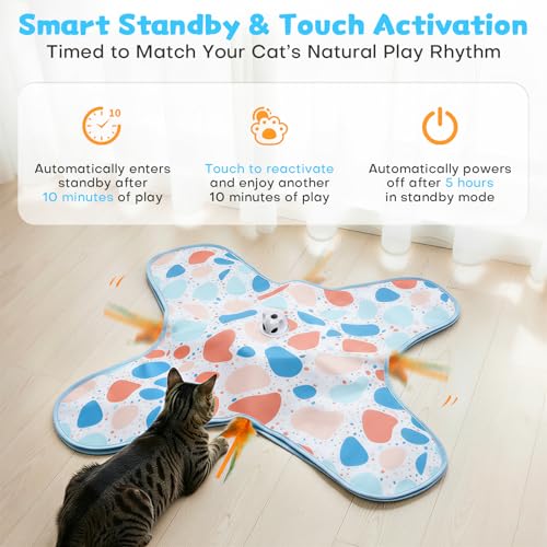 Interactive Cat Toys, Hide and Seek Cat Toy, 2 in 1 Automatic Moving Concealed Feathers for Indoor Cats, Non-Slip Suction, Touch Activated, USB Rechargeable, Blue - color: Blue