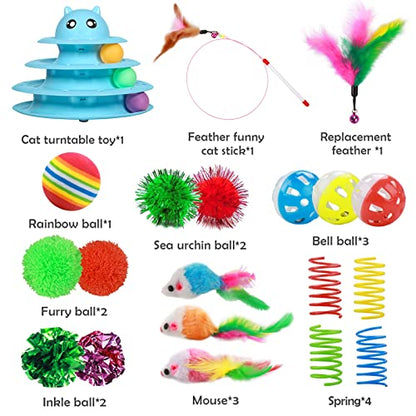 UPSKY 20 PCS Cat Toys - 3-Level Turntable Roller with Balls for Indoor Cats, Kitten Set with Teaser, Mice, Spring, and Various Ball Toys - color: B-20PCS-Blue