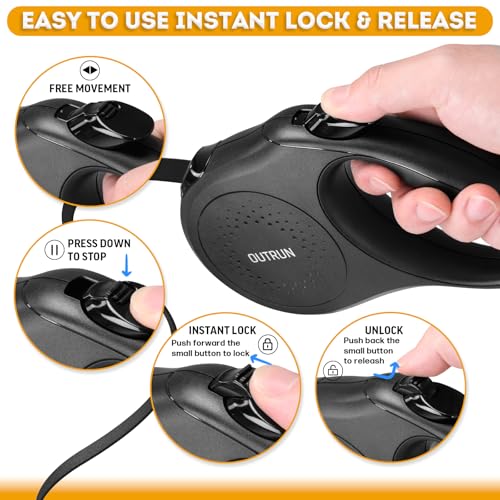 OUTRUN Retractable Dog Leash 16.5 FT Walking Leash up to 55 Lbs, Strong Nylon Tape No Tangle, Heavy Duty One-Handed Brake Lock Perfect for Small & Medium Sized Dogs and Pets - color: Black