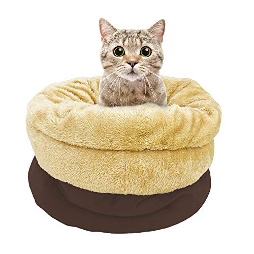 4 in 1 Self Warming Burrow Cat Bed, Pet Hideway Sleeping Cuddle Cave (Brown) - color: Brown