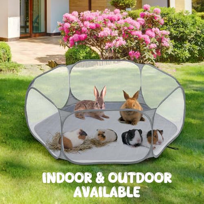 Pawaboo Small Animals Playpen with Pad, Waterproof Small Pet Cage Tent with Reusable Pad, Portable Outdoor Yard Fence for Chick/Kitten/Puppy/Guinea Pig/Rabbits/Chinchillas, Gray+Gray - color: Gray+Gray