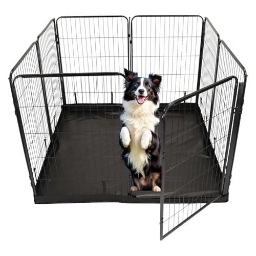 Dog Playpen w/Square Bottom Floor Cover - 40 inch, 8 Panel Portable Black Metal Pet Play Pen for Medium & Large Dogs - Indoor/Outdoor Kennel Cage for Home, Yard, RV, or Camping - size: 40 Inch
