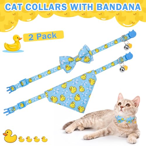 SCENEREAL Cat Collar with Bells, 2 Pack Breakaway Cat Collars with Removable Bowtie Bandana, Adjustable Cute Kitten Collar for Pet Small Dogs Boys Girls, Blue Duck - color: Bandanas & Bow (Duck - Blue)