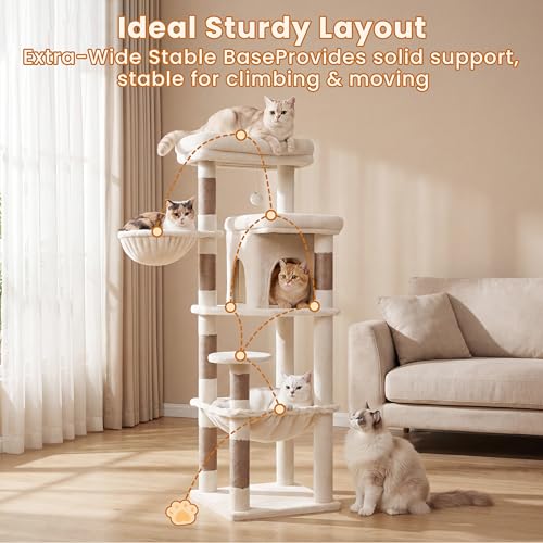 Heybly Cat Tree, 56-Inch Multi-Level Easy Climb Tower for Large Cats, Cat Furniture with 2 Perches, Cozy Hammock, Spacious Condo & Cat Basket, Durable Sisal Scratching Posts, Beige HCT028MJ - color: Beige