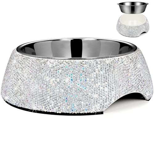 SlowVibes Bling Stainless Steel Dog Bowls,12oz Detachable Rhinestone Metal Food Water Bowl for Feeding Dogs Cats,Rust Resistant Non-Slip Puppy Dish,Sparkle Essentials for Small Medium Large Girl Pets - color: White, size: M-1.5 cup/12oz