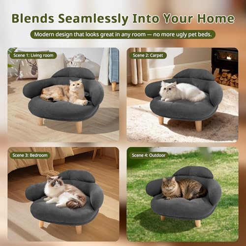 Cat Sofa Furniture-Style Pet Bed with Removable Cotton Velvet Cover, Solid Pine Wood Legs, for Cats and Small Dogs, Gray - color: Gray