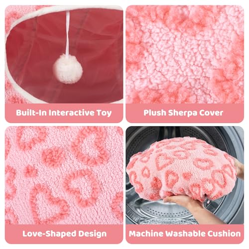 Cat Tunnel Bed, Cute Cat Tunnel Toy with Washable Cushion, Fits Indoor Cats up to 25 lbs, Cute Peekaboo Cave Pet Bed for Kittens, Rabbits, Pink Heart - color: Pink Heart