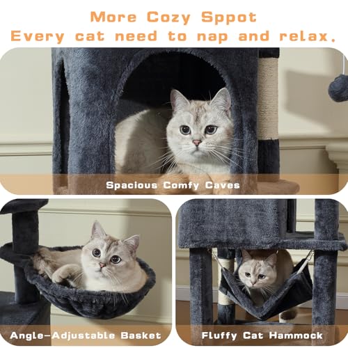Letkind Cat Tree, 70-Inch Cat Tree Tower with Hammock, Scratching Post, Condo and Multi-Level Cat Tower, Large Cat Activity Center Playhouse, Dark Gray LCT015 - color: Deep Grey