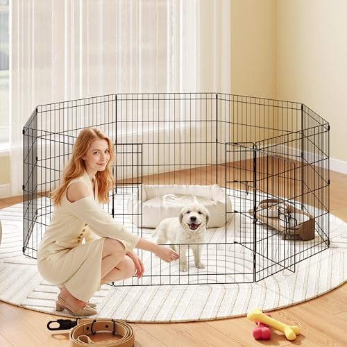 Yaheetech 24" High 8 Panel Foldable Metal Dog Exercise Pen Pet Playpen Dog Fence Outdoor & Indoor Use for Small Animals with Door Black - size: 24"