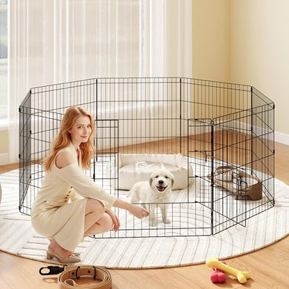 Yaheetech 24" High 8 Panel Foldable Metal Dog Exercise Pen Pet Playpen Dog Fence Outdoor & Indoor Use for Small Animals with Door Black - size: 24"