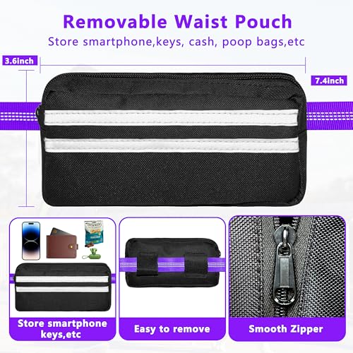 Hands Free Dog Leash with Zipper Pouch, Running Waist Leash for Dog Walking, Adjustable Waist Belt for Large Dogs, Reflective Bungee Design with Two Handle for Hiking, Training, Purple - color: Purple