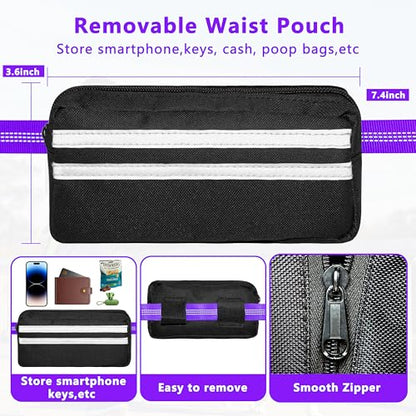 Hands Free Dog Leash with Zipper Pouch, Running Waist Leash for Dog Walking, Adjustable Waist Belt for Large Dogs, Reflective Bungee Design with Two Handle for Hiking, Training, Purple - color: Purple