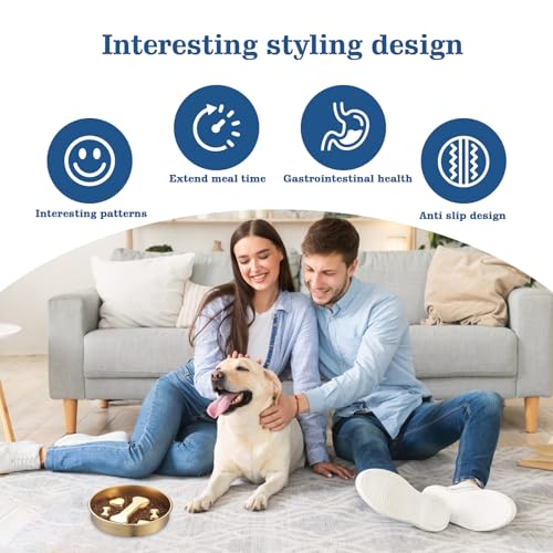 Golden Stainless Steel Slow Feeder Dog Bowls – Non-Slip Metal Dog Bowl for Large & Medium Breeds, Puppy Puzzle Feeder – 2 Cup Capacity for Small to Big Pets – Durable Slow Feed Dog & Cat Food Dish - color: Bone&Heart-Golden