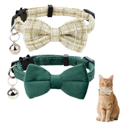 Cat Collar with Bow Tie 2pcs Set Bell Boy Girl Kitten Safety Plaid Grid Checkered Solid Color Suede Velvet Cute Soft Fluffy Gift B-[2pcs] Green - color: Style B-[2pcs] Green