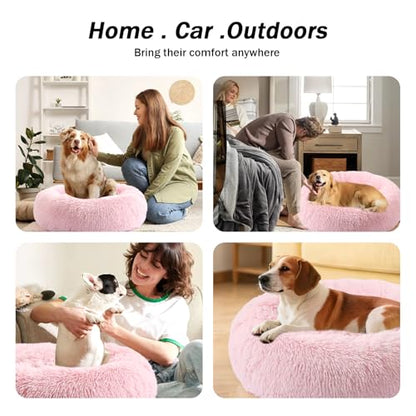Calming Donut Dog Bed for Small to Medium Dogs & Cats - Plush Faux Fur Anti-Anxiety Pet Bed with Machine Washable Cover & Non-Slip Base - color: Light Pink, size: Small 19.6''
