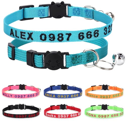 Personalized Cat Collars, Embroidered with Pet Name and Phone Number, Adjustable Nylon Breakaway Safety Release Buckle ID Collar,Custom Text with Bell for Cat or Kitten,Teal - color: Teal