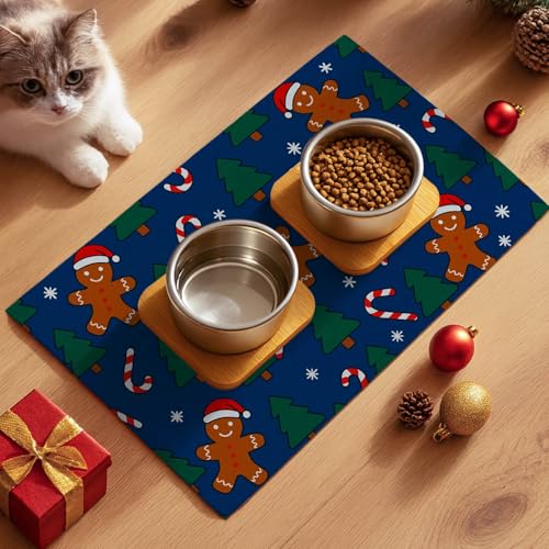 HOMETITUTE Fun Gingerbread Pattern Xmas Pet Placemat Holiday Pet Mat for Food and Water Bowls Spill-Proof Area Pad for Pet Feeding Spaces Easy Clean Mat for Cats Kittens & Small Dogs 20" x 12" - color: brown