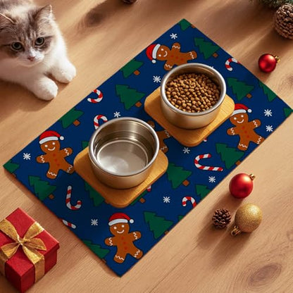 HOMETITUTE Fun Gingerbread Pattern Xmas Pet Placemat Holiday Pet Mat for Food and Water Bowls Spill-Proof Area Pad for Pet Feeding Spaces Easy Clean Mat for Cats Kittens & Small Dogs 20" x 12" - color: brown