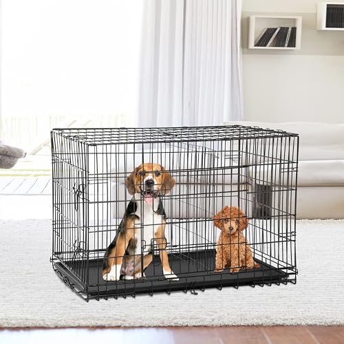 24/7 Shop at Home Gossamer Metal Double Door Folding Wire Pet Crate with Divider, Removable Tray, and Handle for Outdoor and Indoor Medium Dog, 48-inch, Black - size: 47.2"L x 28.9"W x 30.9"H