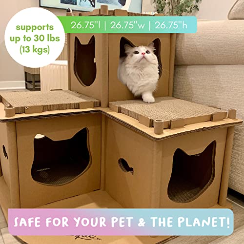 PETIQUE Feline Fortress Cat House: Eco-Friendly, Cat-Shaped Entrances, Fish-Shaped Handles, 7 Reversible Scratchboards, Lightweight, Easy Assembly, Sustainable, Compostable, Supports UP to 30LBS - style: Feline Fortress
