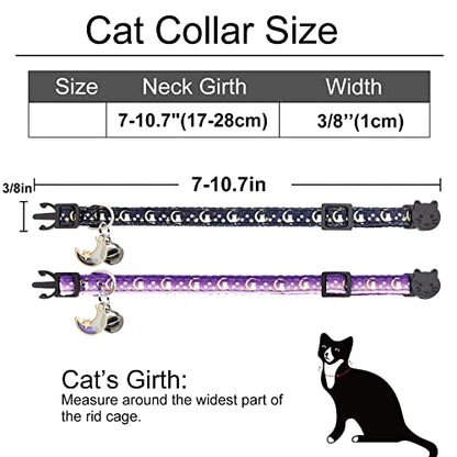2 Pack Breakaway Cat Collar with Bells,Adjustable Moon and Star Kitten Safety Collars for Boys & Girls,Black+Purple - color: Black+Purple