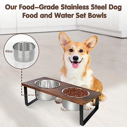 Elevated Dog Bowls for Small Medium Wood Dogs Raised Bowl Stand with 2 Stainless Steel Deep Dog Food and Water Bowls, Anti Vomit, Non-Slip Feeding Dishes(Tilted，3 inches in Height, 40oz - color: Walnut-Small&Medium