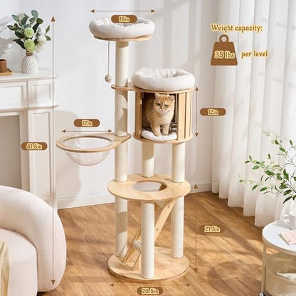 Modern Cat Tree Tower with Scratching Post, 61.5in Tall Cat Tree for Indoor Cats, Multi-Level Solid Wood Cat Furniture with Ladder, Cozy Cat Beds, Cat Condo, Capsule Nest, Dangling Toy, Natural - color: 61.5"Natural