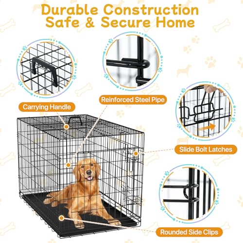 48 Inch Large Dog Crate, Wire Metal Dog Kennel with Double-Door, Divider & Leak-Proof Tray, Indoor Outdoor Foldable Travel Cage for Medium, Large Dogs