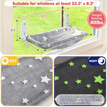 Zoratoo Cat Window Perch, Glow in The Dark Cordless Foldable Pet Hammock Bed for Window with Sturdy Metal Frame, Glowing Stars Pattern Resting Seat for Indoor Cats (Stars - M)